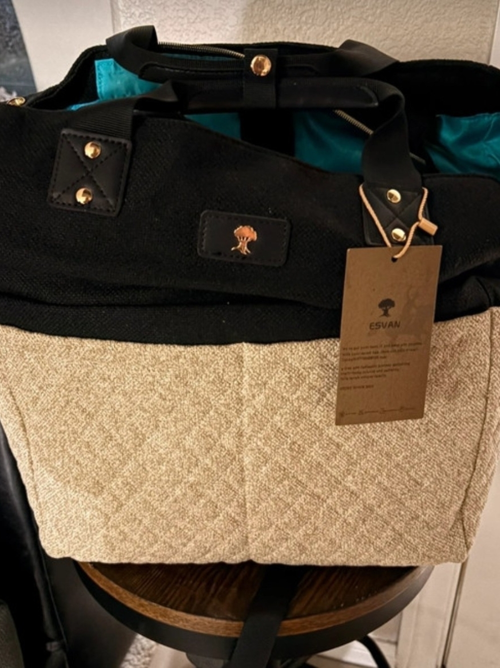 Esvan 3-In-1 Tote Backpack Diaper Bag Black/Beige Water Resistant Insulated New